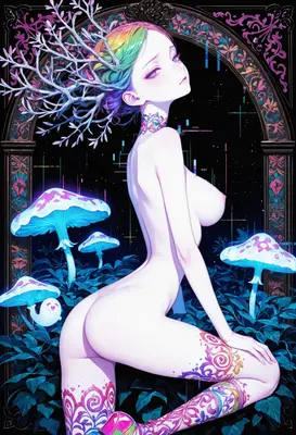 Ethereal Nymph Among Glowing Mushrooms