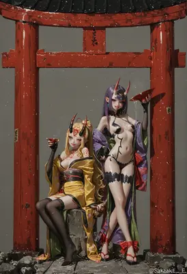 Oni Sisters Sharing Sake Under Torii
