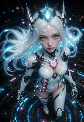 Ethereal Cybernetic Goddess in Neon Light