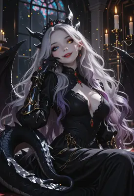 Elegant Demon Queen in Gothic Chamber