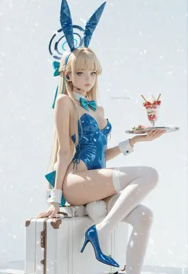 Blue Bunny Girl Serving Strawberry Parfait