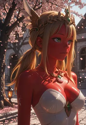 Red Skinned Goddess Under Cherry Blossoms