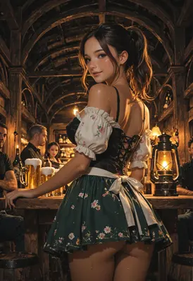 Charming Tavern Maid in Rustic Setting