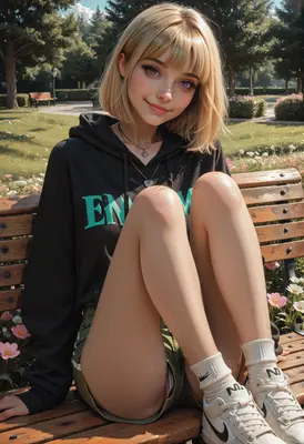 Blonde Girl Relaxing on Park Bench