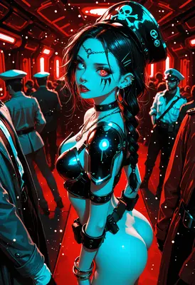 Cybernetic Pirate Officer in Red Hallway