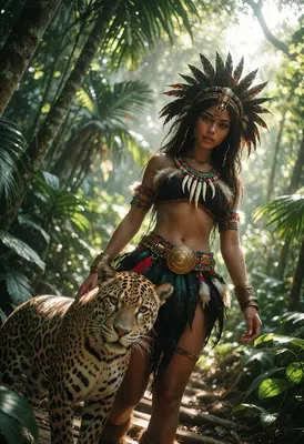 Jungle Guardian and Her Jaguar Companion