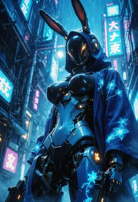 Cybernetic Rabbit Assassin in Neon City