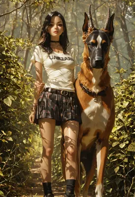 Girl Standing With A Horned Beast