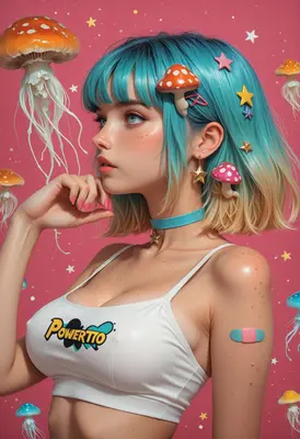 Dreamy Jellyfish and Mushroom Girl