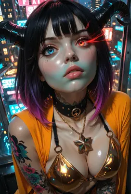 Neon Demon Girl with Golden Accents