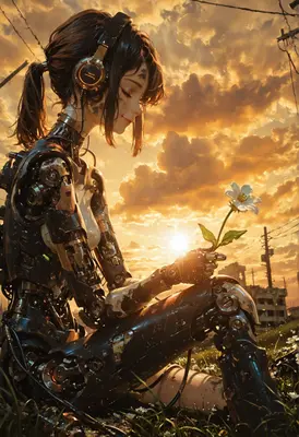 Cyborg Girl Finding Peace at Sunset