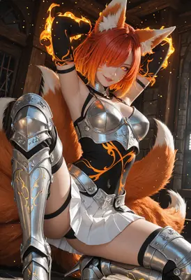 Fiery Kitsune Warrior in Silver Armor