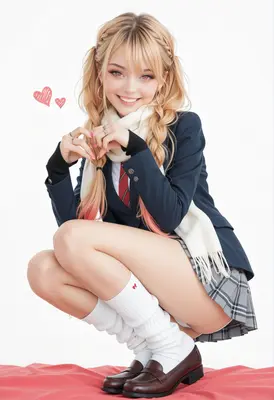Cheerful Blonde Schoolgirl Making Heart Gesture