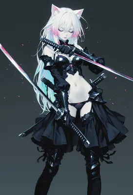 Dual Wielding White Haired Cat Warrior