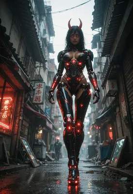 Cybernetic Demon Stalking Neon Alleyways