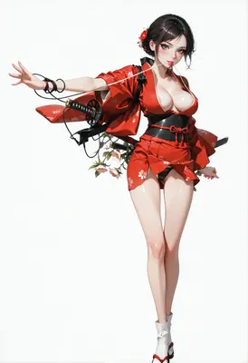 Red Samurai Maiden in Floral Kimono