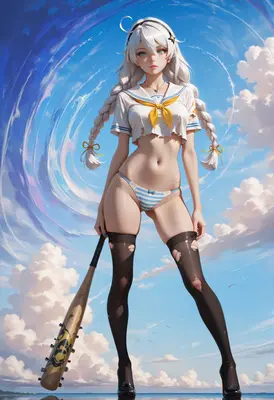 Anime Girl with Bat Under Sky