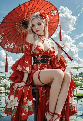 Blonde Beauty Under Red Floral Umbrella