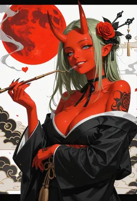 Red Oni with Smoking Pipe
