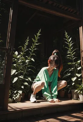 Anime Girl Crouching in Sunlit Greenhouse