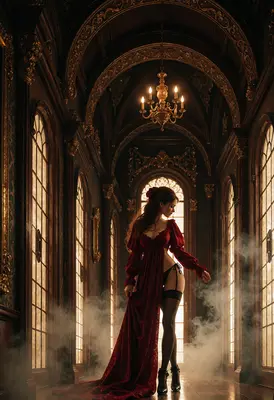 Ethereal Woman in a Gothic Hallway
