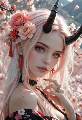 Ethereal Demon Maiden Among Cherry Blossoms