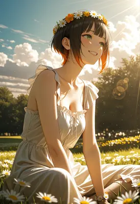 Sunlit Maiden in a Daisy Field