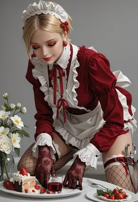Elegant Maid Serving Strawberry Cake