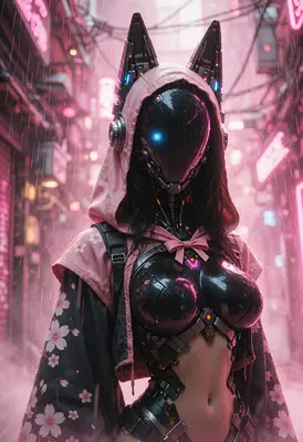 Cybernetic Sakura Neon City Wanderer