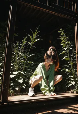 Girl Crouching in a Sunlit Garden