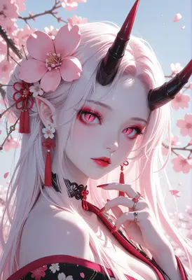 Ethereal Oni Maiden in Cherry Blossoms