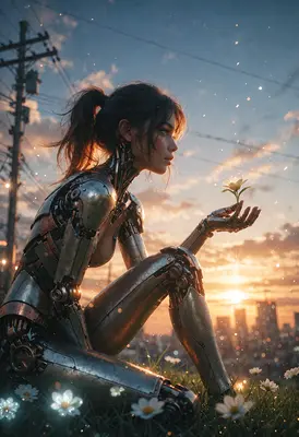 Cyborg Girl Holding A Single Flower