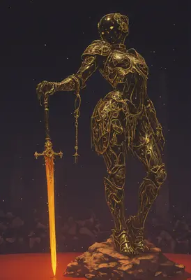 Golden Celestial Guardian with Flaming Sword
