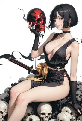 Gothic Assassin Resting Among Skulls