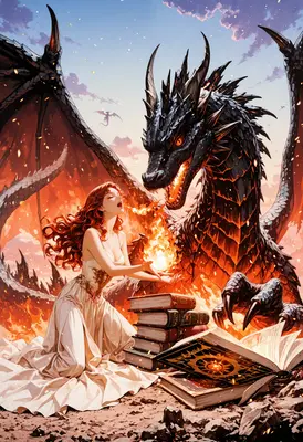 Sorceress Conjuring Fire With Ancient Dragon
