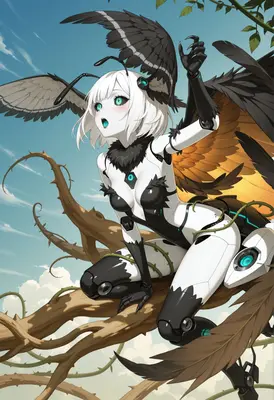 Cyborg Moth Girl Perched on Branches