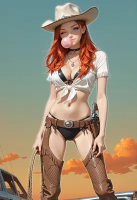 Sassy Redheaded Cowgirl with Bubblegum