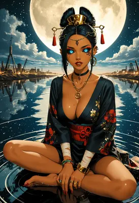 Moonlit Geisha by the Industrial Canal