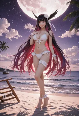 Moonlit Beach Serenity with Winged Maiden