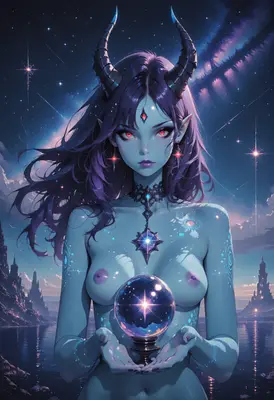 Celestial Demon Holding Cosmic Crystal Sphere