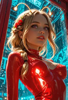 Cybernetic Blonde in Red Latex