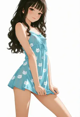 Cute Girl in Cat Print Nightgown