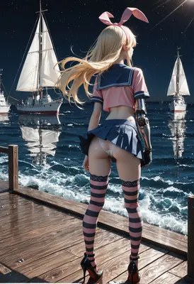 Cyborg Bunny Girl at Night Harbor