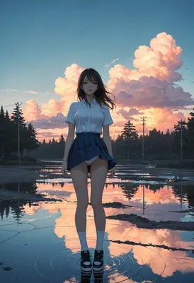 Schoolgirl Standing in Sunset Puddle