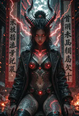 Demonic Sorceress with Glowing Red Runes