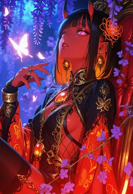 Demon Queen Amidst Glowing Butterflies