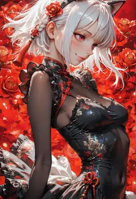 Cat Girl in Floral Qipao