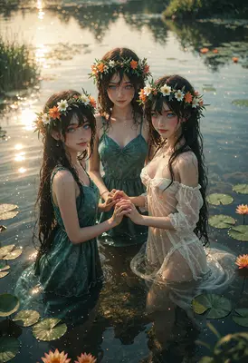 Three Nymphs in the Lotus Pond