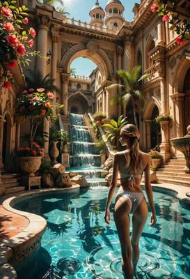 Woman Standing in Tropical Villa Pool