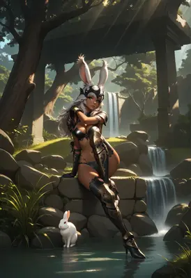 Bunny Warrior Beside The Sacred Waterfall